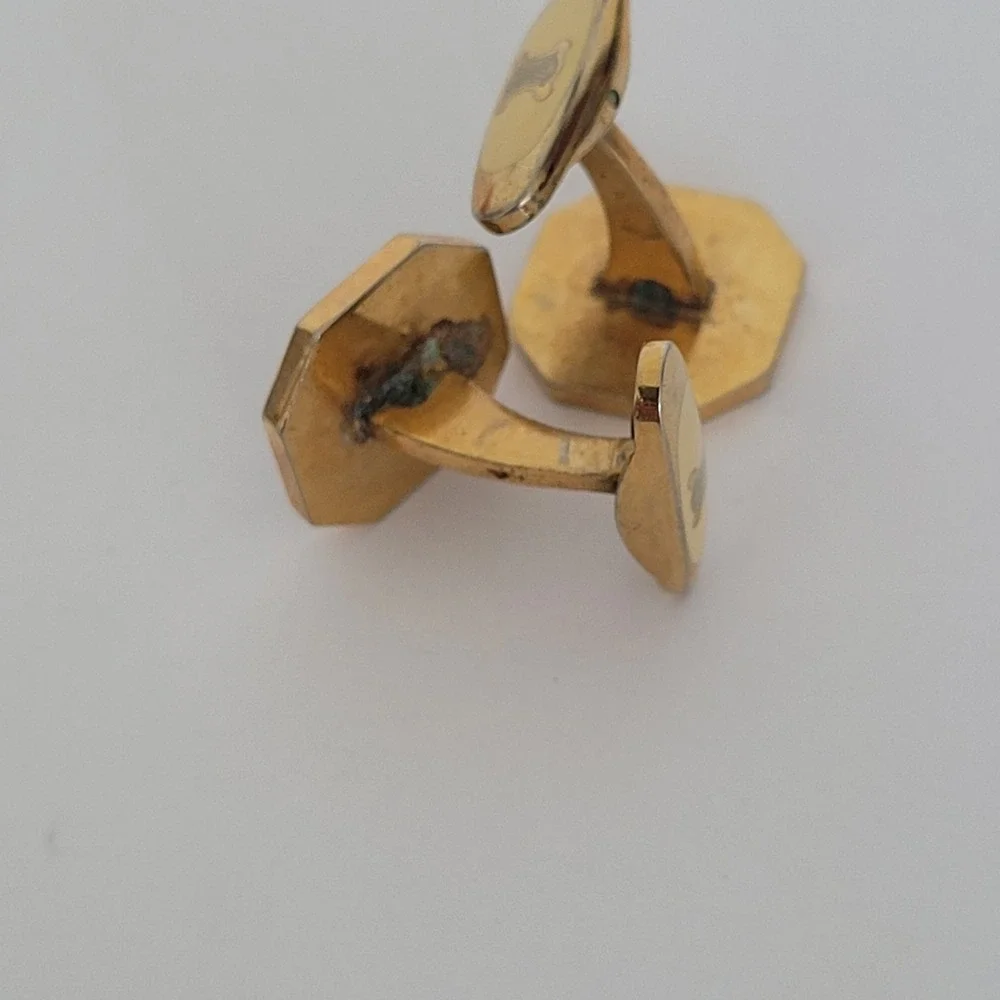Celine Vintage Horse Carriage Logo Octagon Cufflinks Gold Tone Enamel Black Red